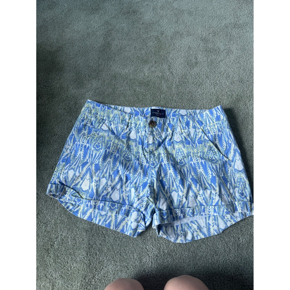 American Eagle Outfitters Blue Green Ikat Tribal Print Midi Stretch Shorts 12